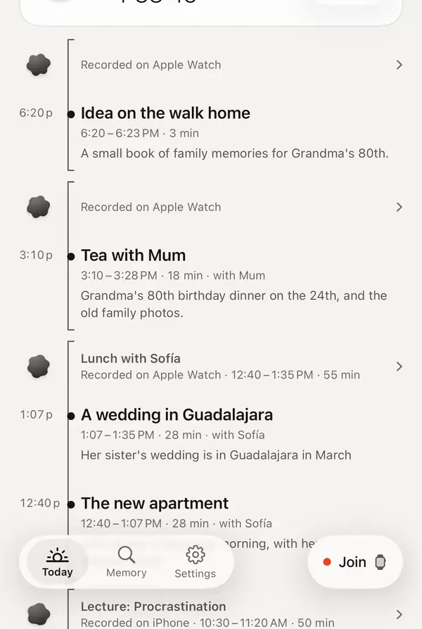 Today in Watchword: the day’s recordings, each split into named topics such as “Idea on the walk home” and “Tea with Mum”.