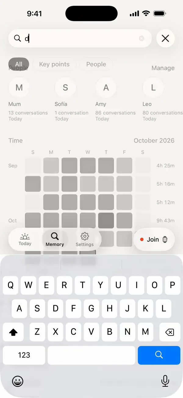 Memory in Watchword: a search starting to be typed, above the people and the time map.