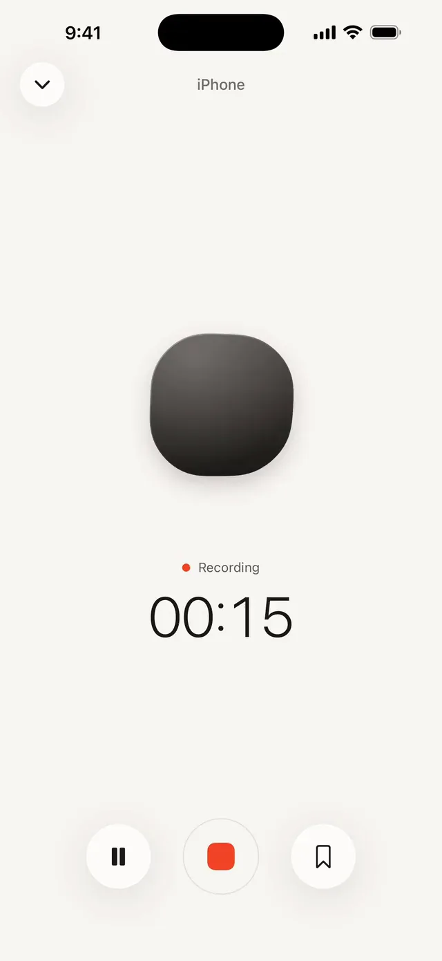 Watchword on iPhone while recording: the cloud, “Recording” and 00:15, with pause, stop and a bookmark below.