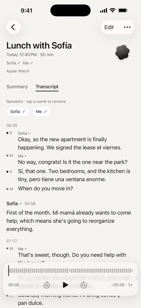 A transcript in Watchword: lunch with Sofía, where a sentence switches between English and Spanish.